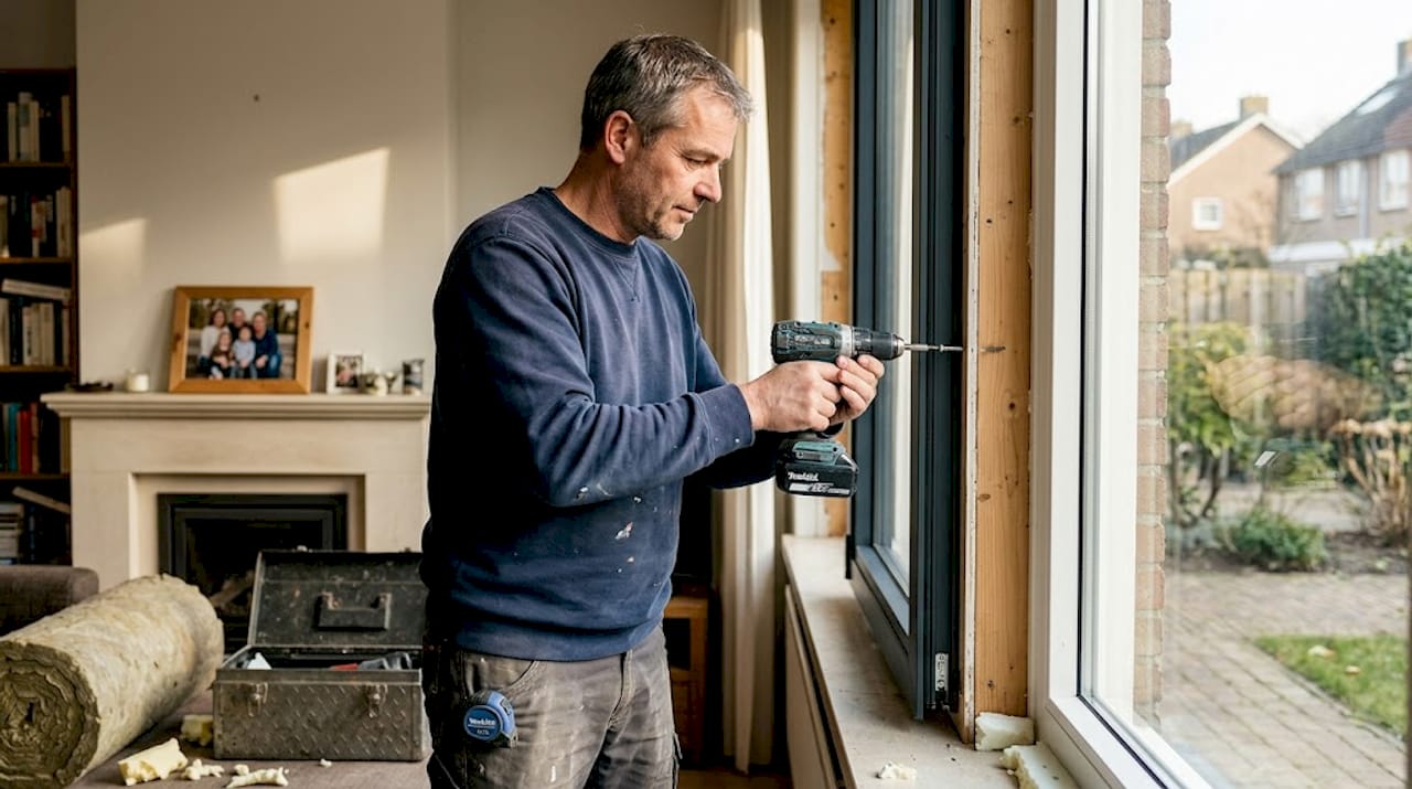 Een monteur is bezig met het plaatsen van een aluminium raamkozijn in de woonkamer.
