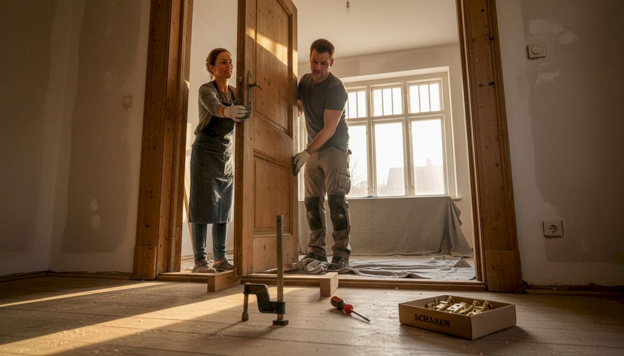 Samen hangen twee mensen een binnendeur in.