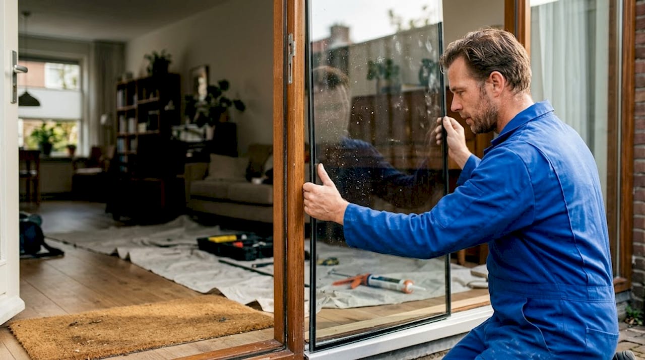 Een vakman plaatst dubbel glas in een houten kozijn.