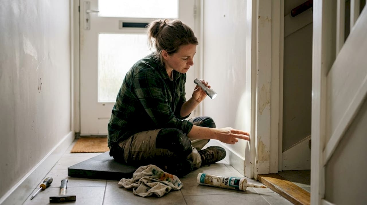 Een handige klusser controleert de wisseldorpel zorgvuldig op eventuele vochtproblemen.