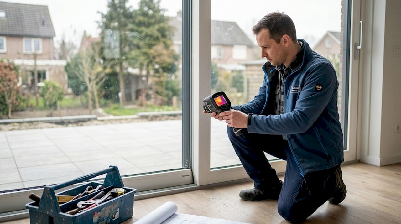 Een monteur inspecteert de schuifpui met een warmtecamera om eventuele warmtelekken op te sporen.