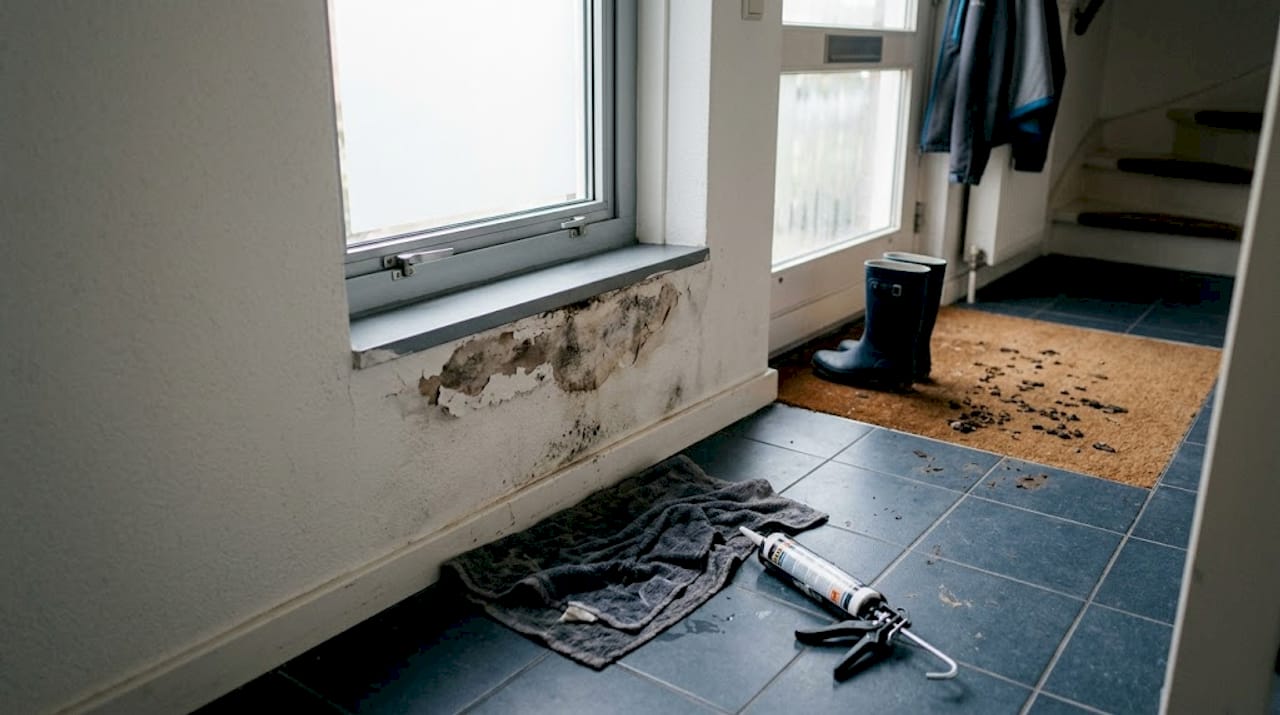 De aluminium dorpel vertoont duidelijk sporen van vochtschade.