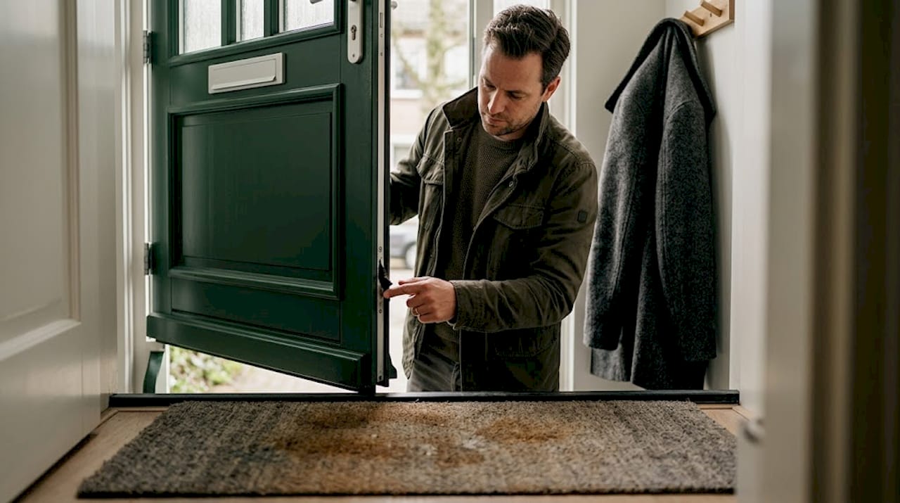 De bewoner checkt of er tocht binnenkomt bij de voordeur.