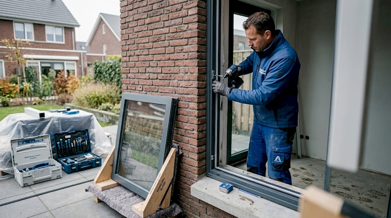 Een vakman monteert een aluminium kozijn in een huis.