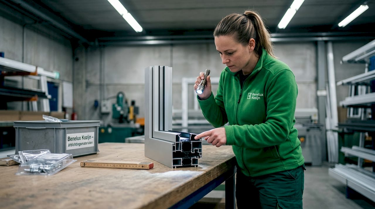Een monteur inspecteert het profiel van een aluminium kozijn.
