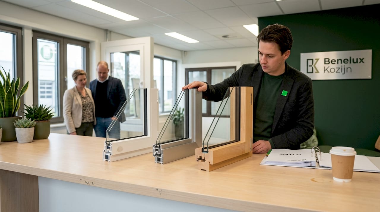 Drie verschillende vlakprofielen liggen op de balie, naast de adviseur.