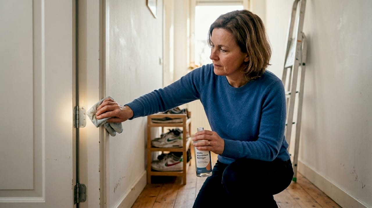 Een huiseigenaar maakt het aluminium scharnier schoon als onderdeel van het onderhoud.