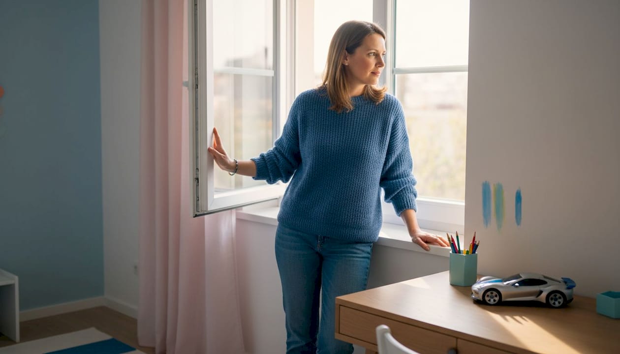 Moeder zet het kiepraam open op de kinderkamer
