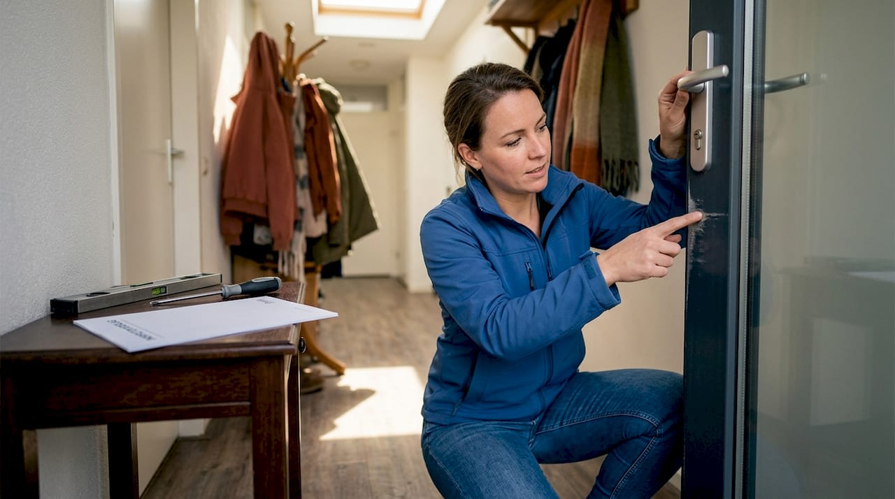Vrouw bekijkt of haar aluminium voordeur nog goed is afgesteld