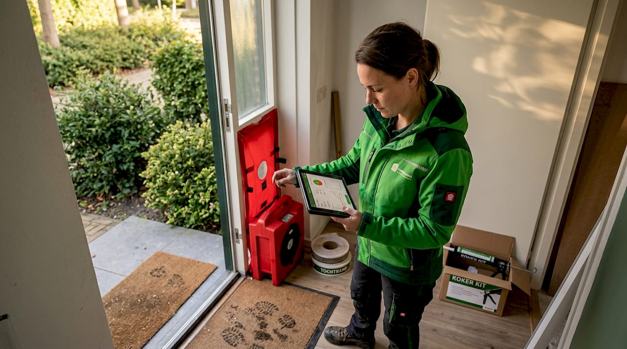 Een ervaren vakvrouw voert een blowerdoortest uit bij de voordeur om te controleren op luchtlekken.