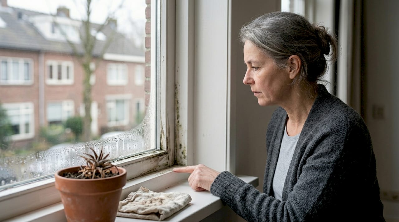 Vrouw inspecteert het kozijn op tekenen van vocht en condensvorming