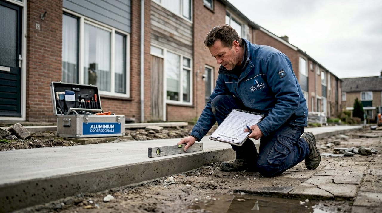 Een aannemer inspecteert de fundering op veenbodem.