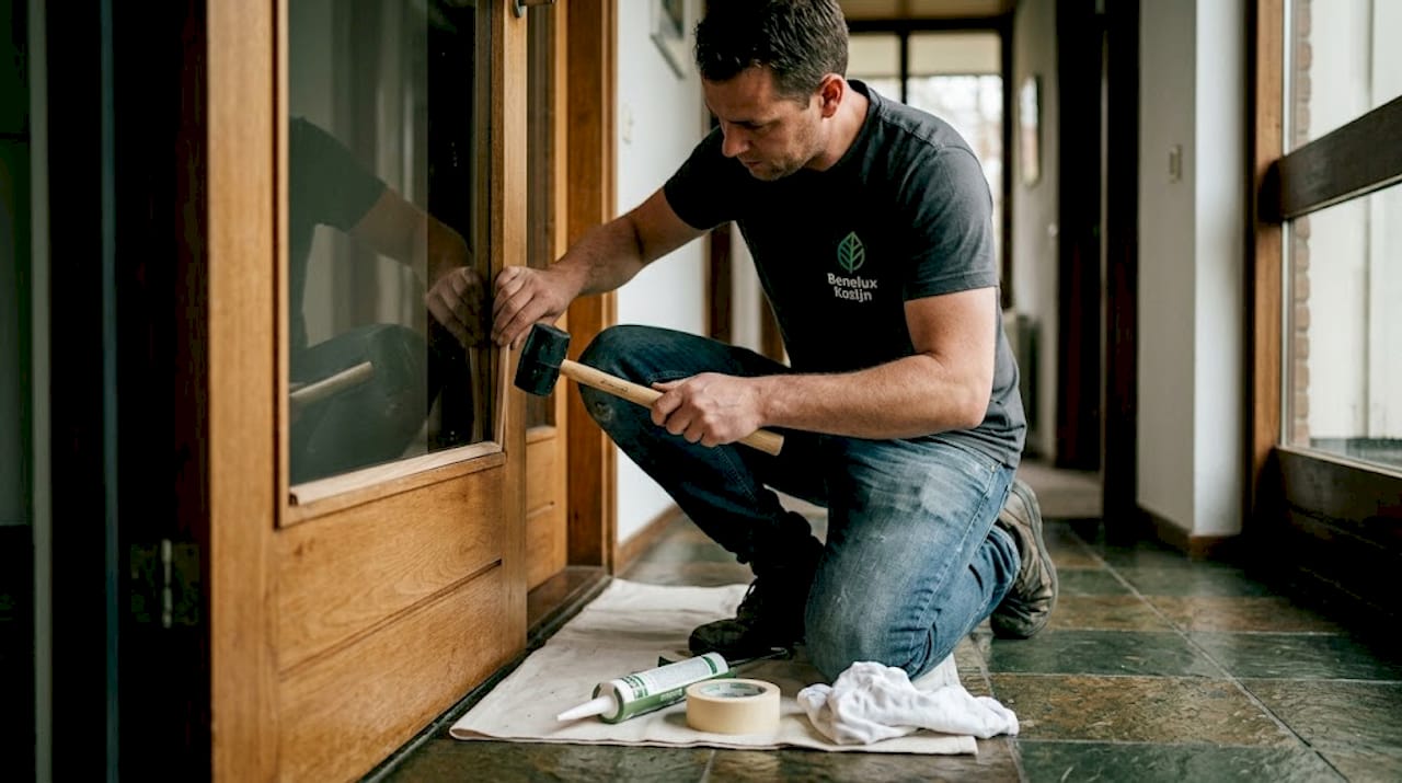Een vakman zet een ruit in een houten deur.