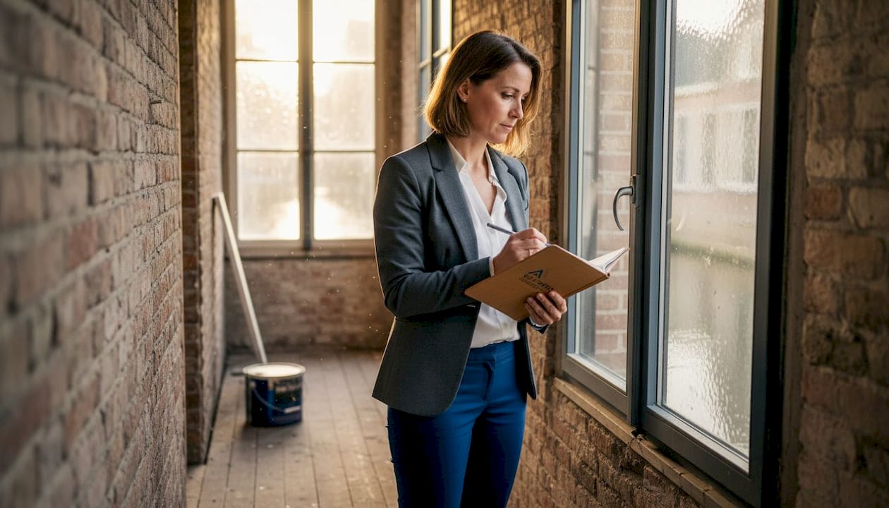 De architect voert een inspectie uit van de renovatie aan het aluminium kozijn.