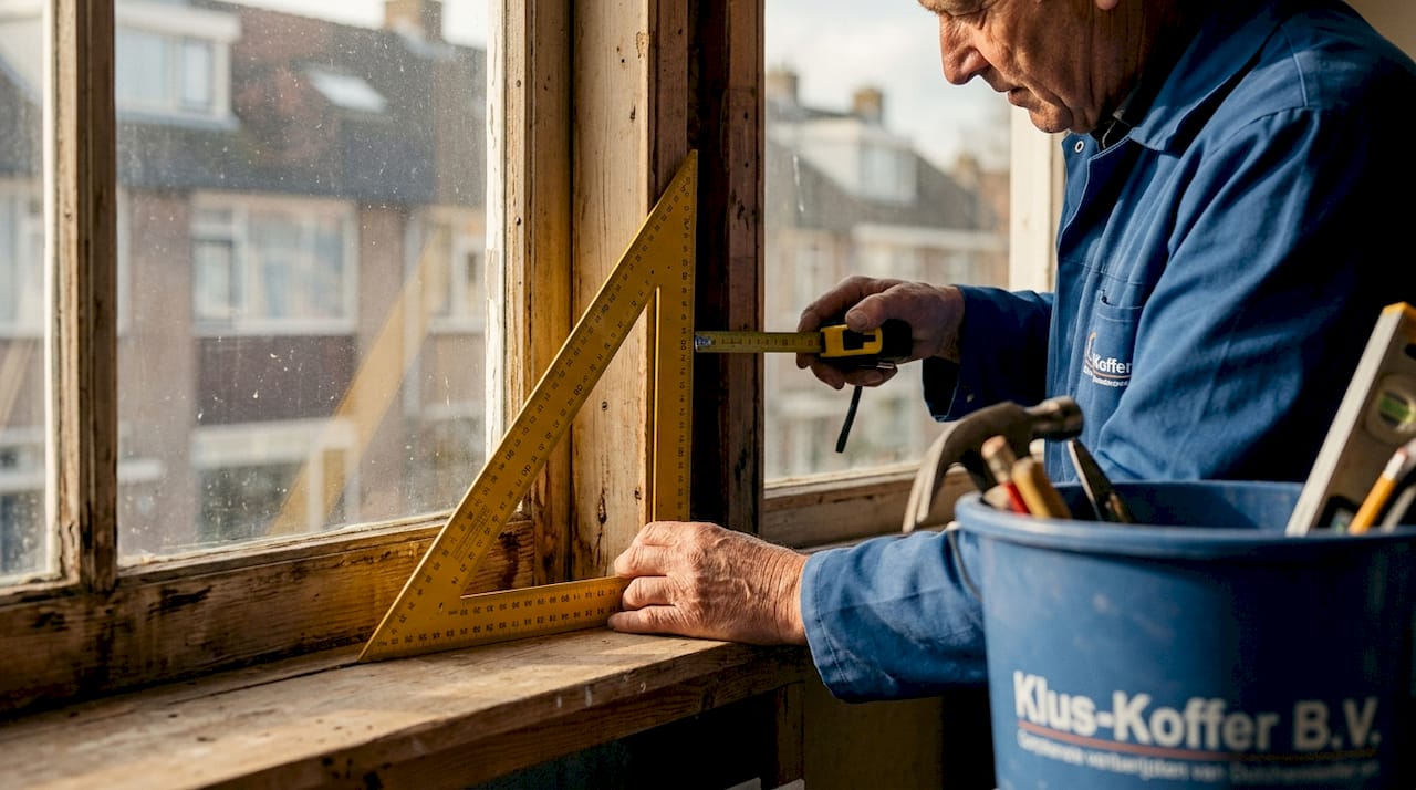 De klusser checkt of de hoeken van de kozijnopening mooi haaks zijn en geen afwijkingen vertonen.