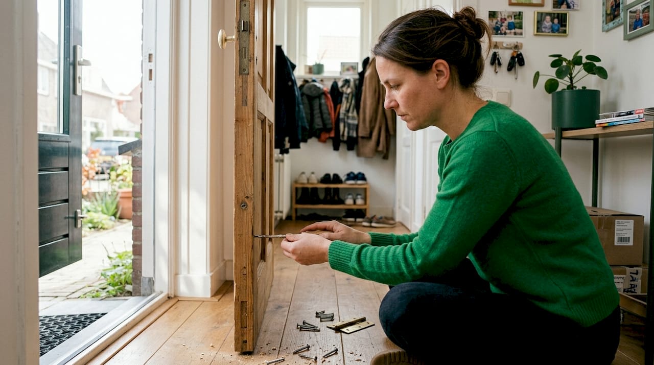 Vrouw haalt oud hang- en sluitwerk van houten deur af