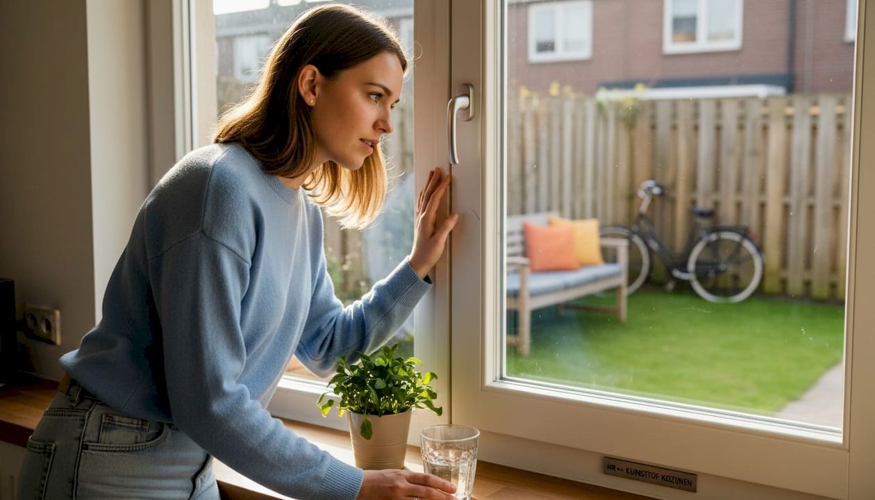 Een vrouw bekijkt aandachtig het kunststof kozijn in haar keuken.
