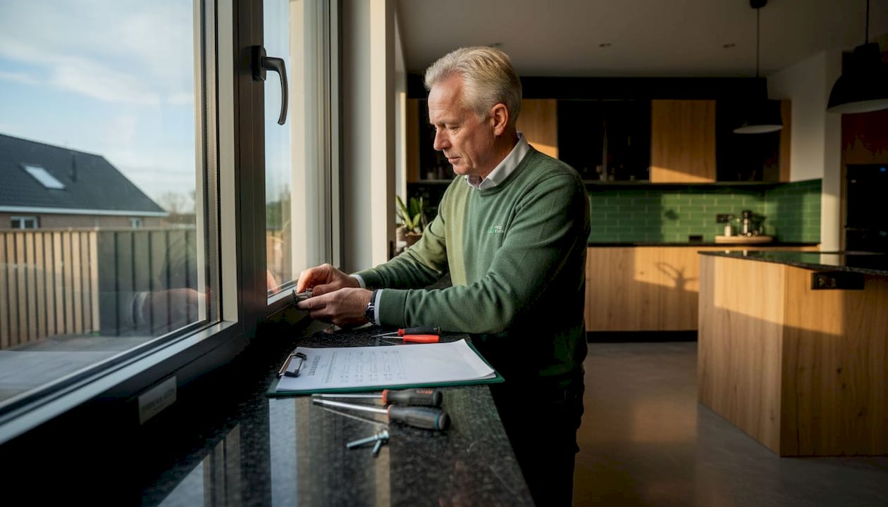 Man inspecteert kitrand bij pas geplaatst raam