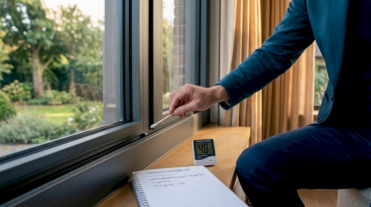 Met de hand de waterafvoer van aluminium kozijnen schoonmaken.