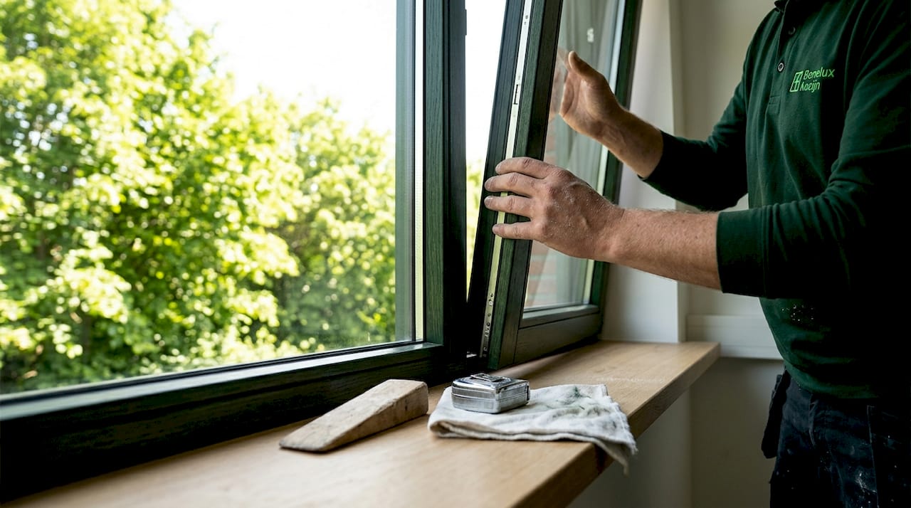 Een vakman brengt gelaagd veiligheidsglas aan