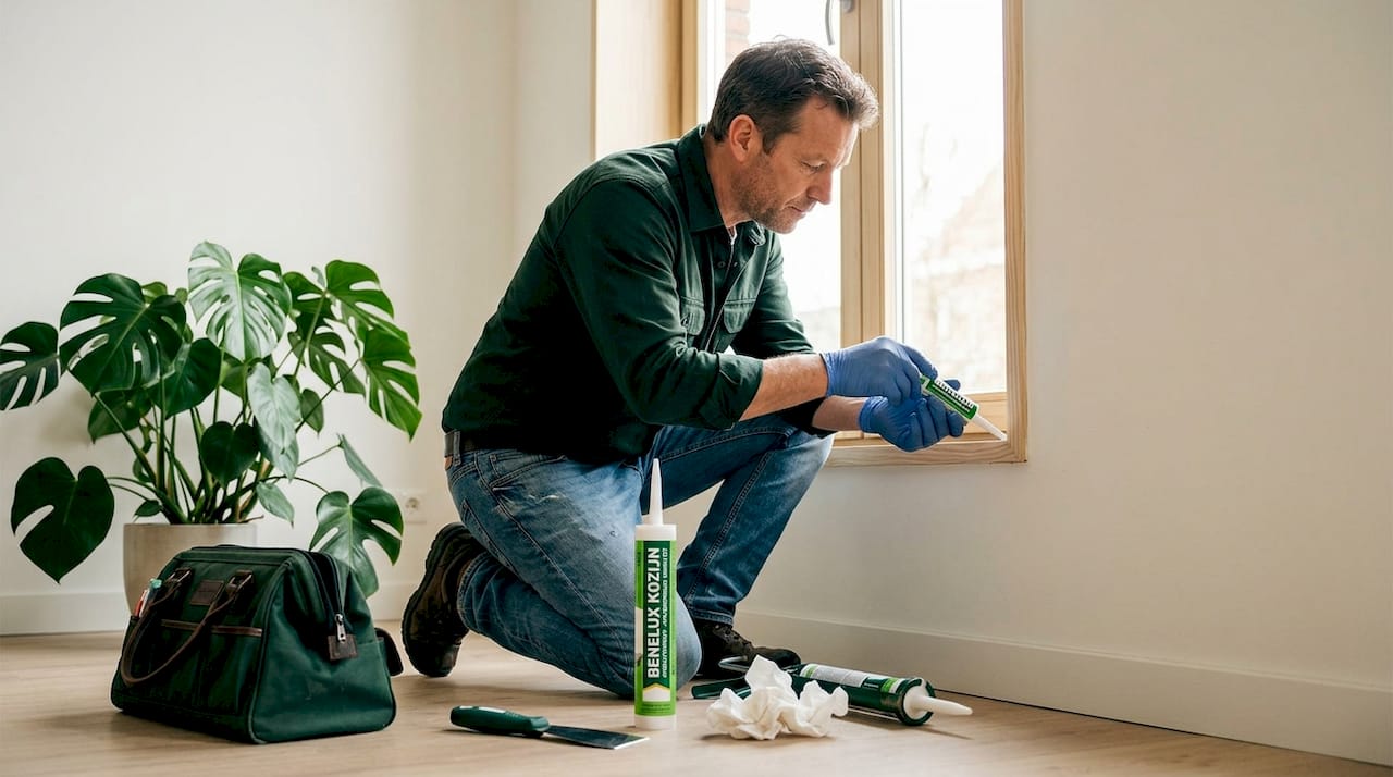 Man brengt nieuwe kit aan rondom het raamkozijn in de woonkamer