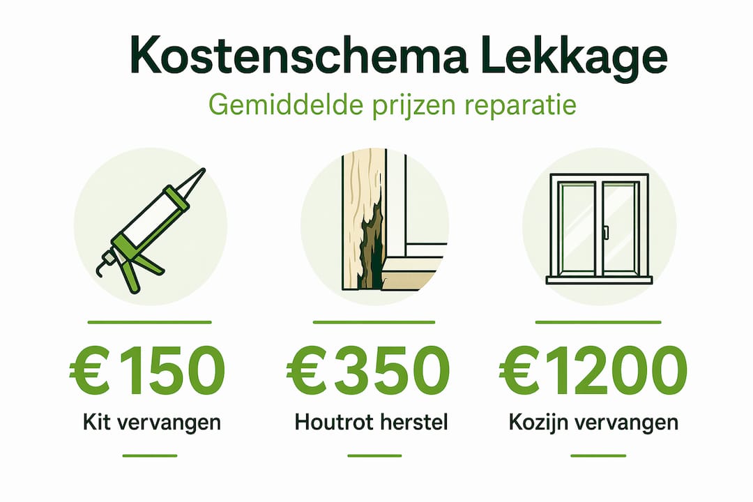 Infographic: wat kost het oplossen van lekkage bij kozijnen? Drie prijsvoorbeelden op een rij.