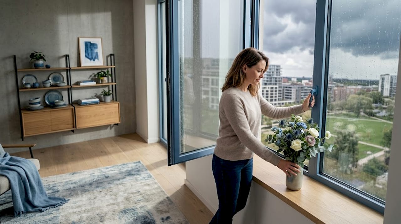 Een vrouw zet het draai-kiepraam in de keuken open.
