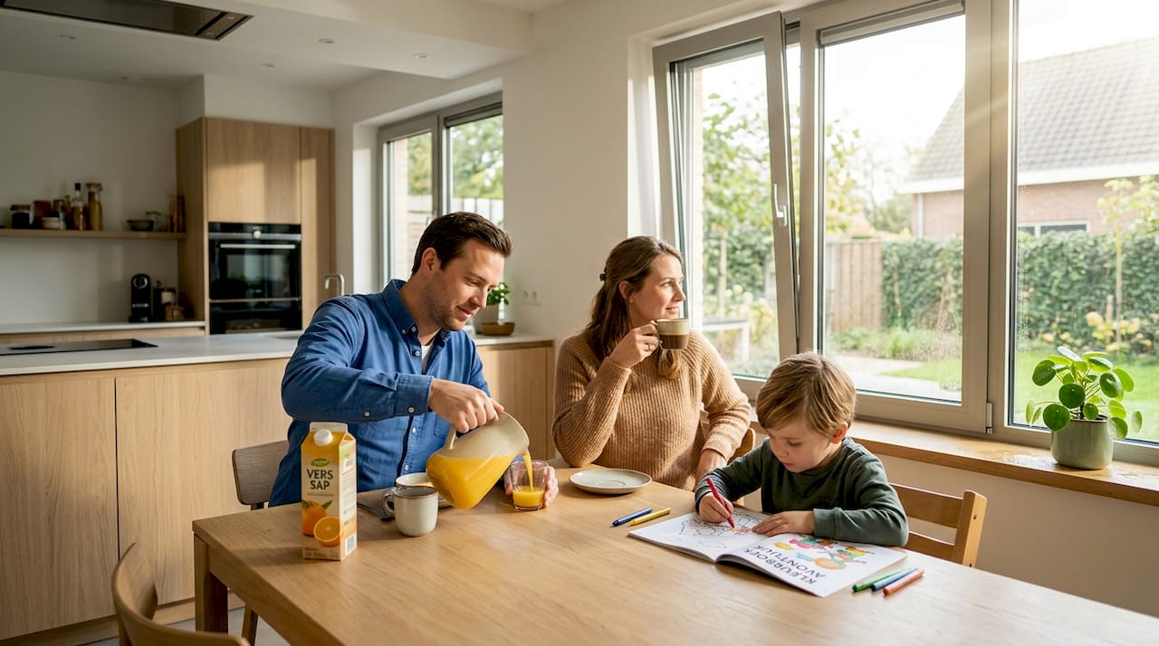 Gezellig samen ontbijten met het gezin in een frisse, goed geventileerde woonkamer.