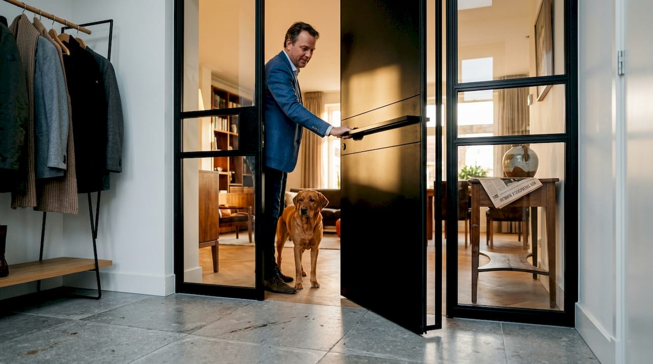 Man slaat moderne, matzwarte taatsdeur van zijn woning open