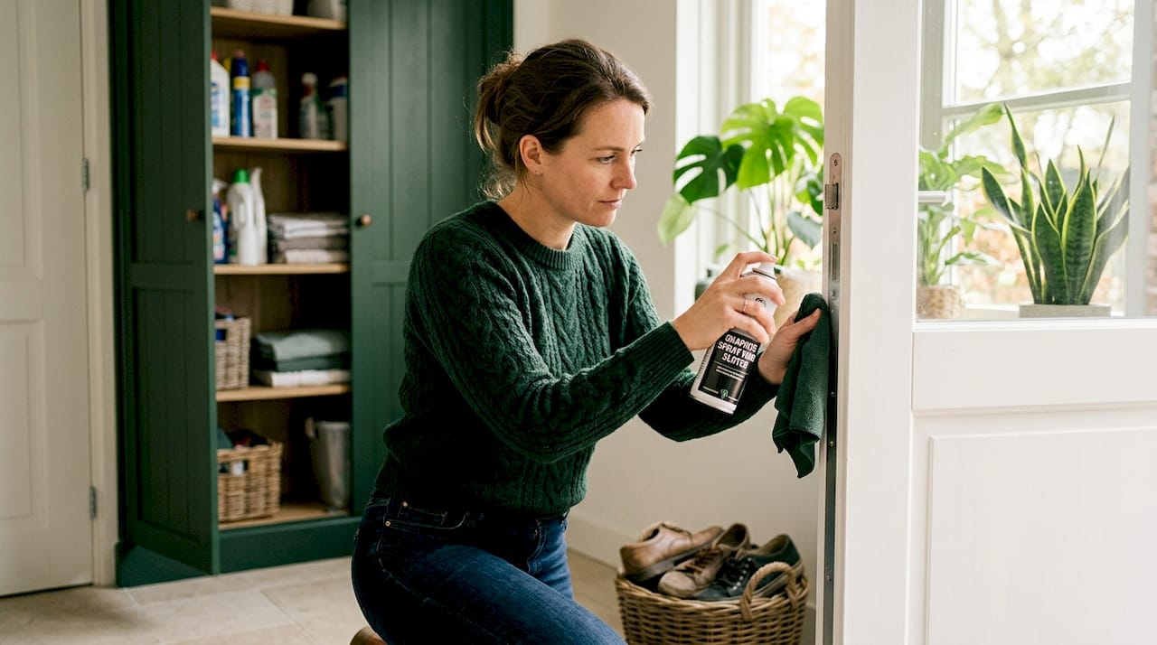 Een vrouw zorgt ervoor dat haar meerpuntssluiting soepel blijft werken door deze regelmatig in te sprayen.