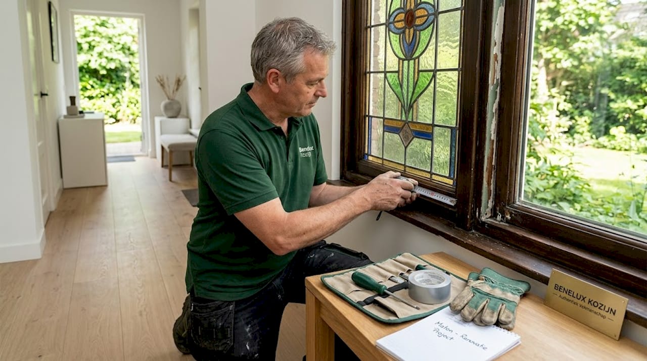 Een specialist komt het glas-in-loodraam nauwkeurig opmeten voor isolatie.