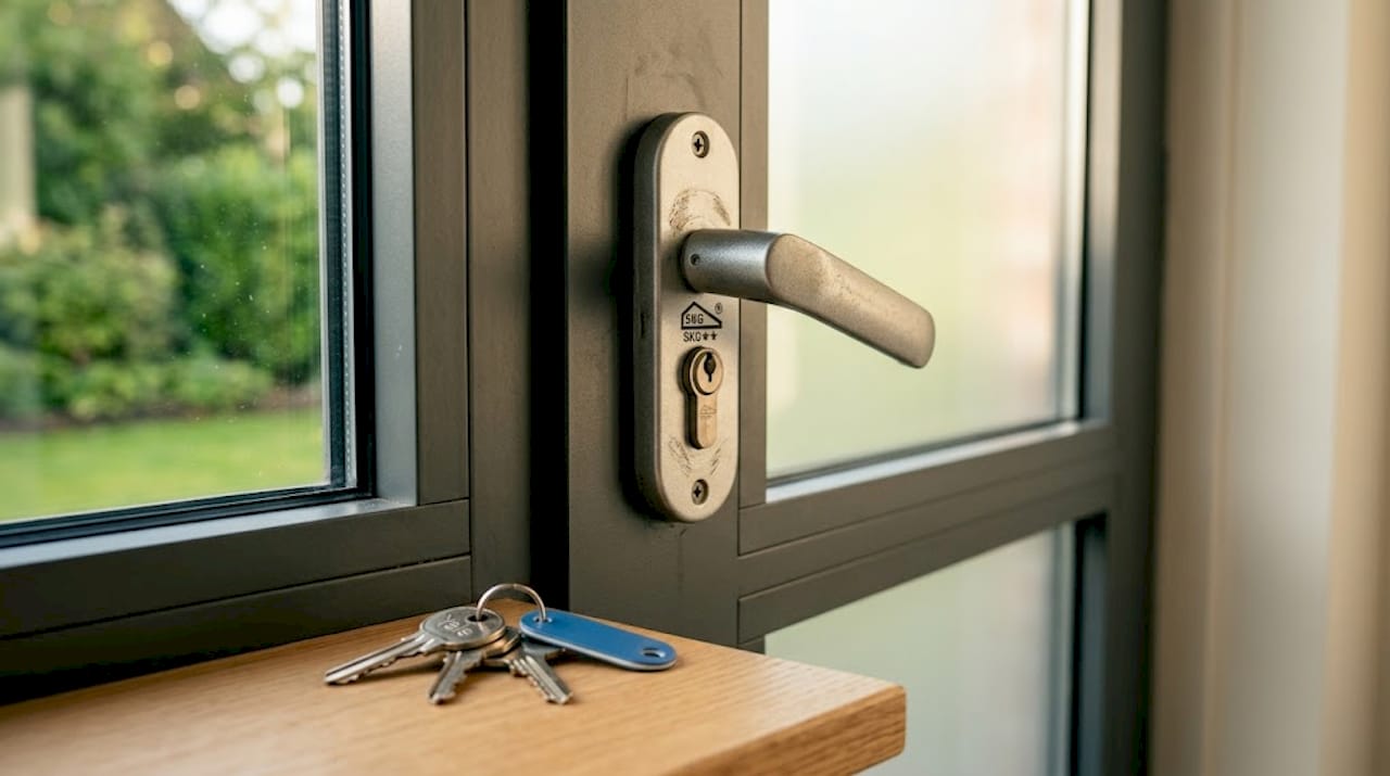 Close-up van het SKG-keurmerk op een aluminium deur