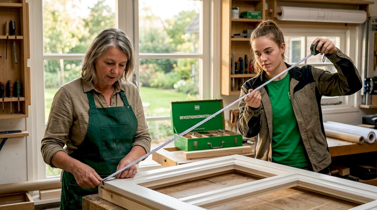 Twee vrouwen controleren de diagonalen van het kozijn om te zien of alles recht is.