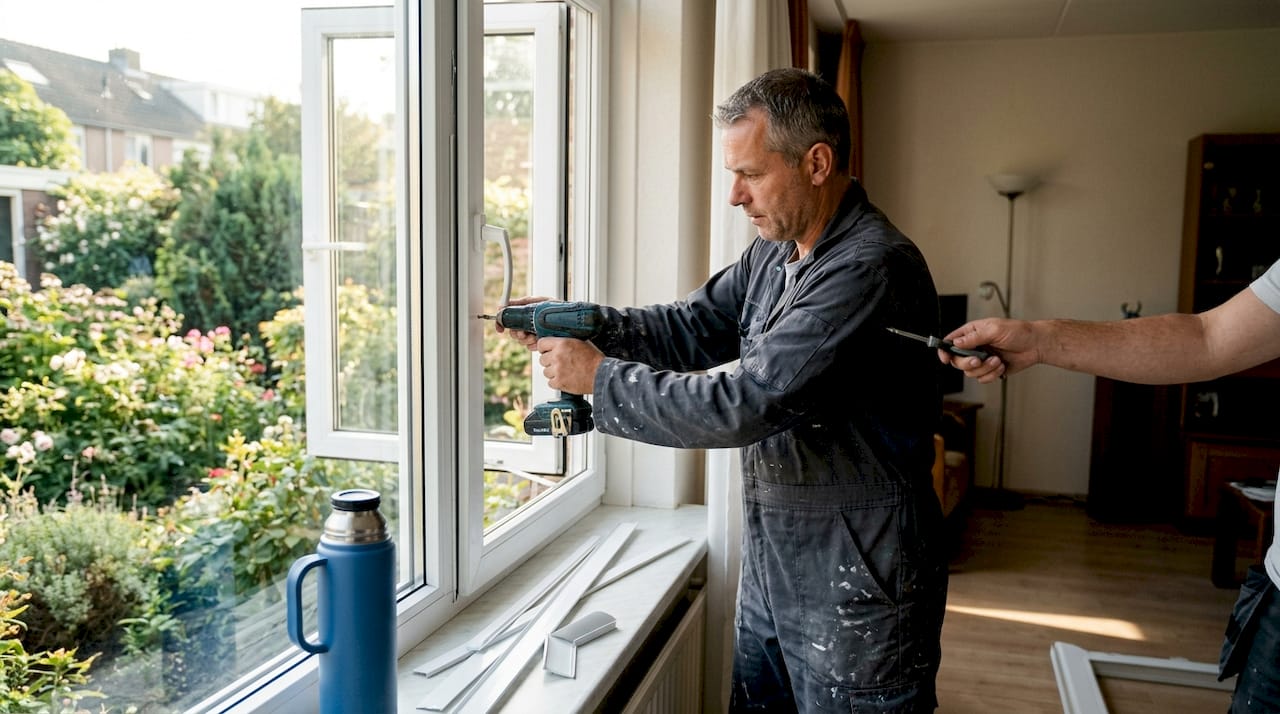 Een vakman monteert een nieuw kunststof kozijn in de woning.