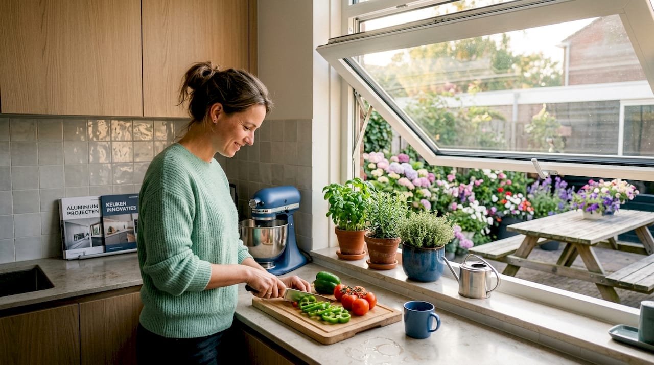 Een vrouw staat groenten te snijden terwijl het raam naar buiten open staat.