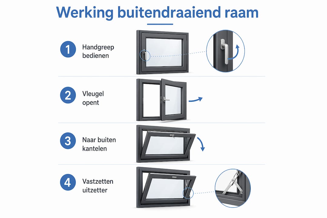 Infographic: zo werkt een buitendraaiend raam, stap voor stap uitgelegd