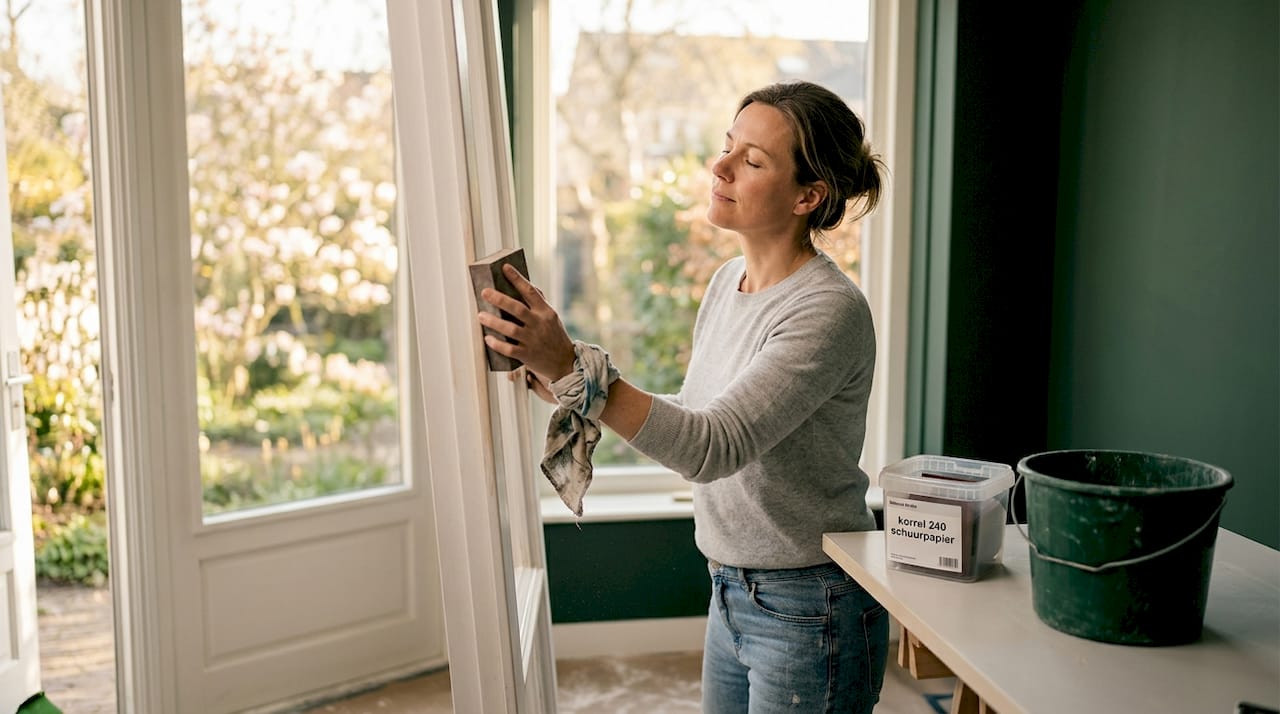 Een vrouw is het kozijn aan het schuren ter voorbereiding op het schilderwerk.