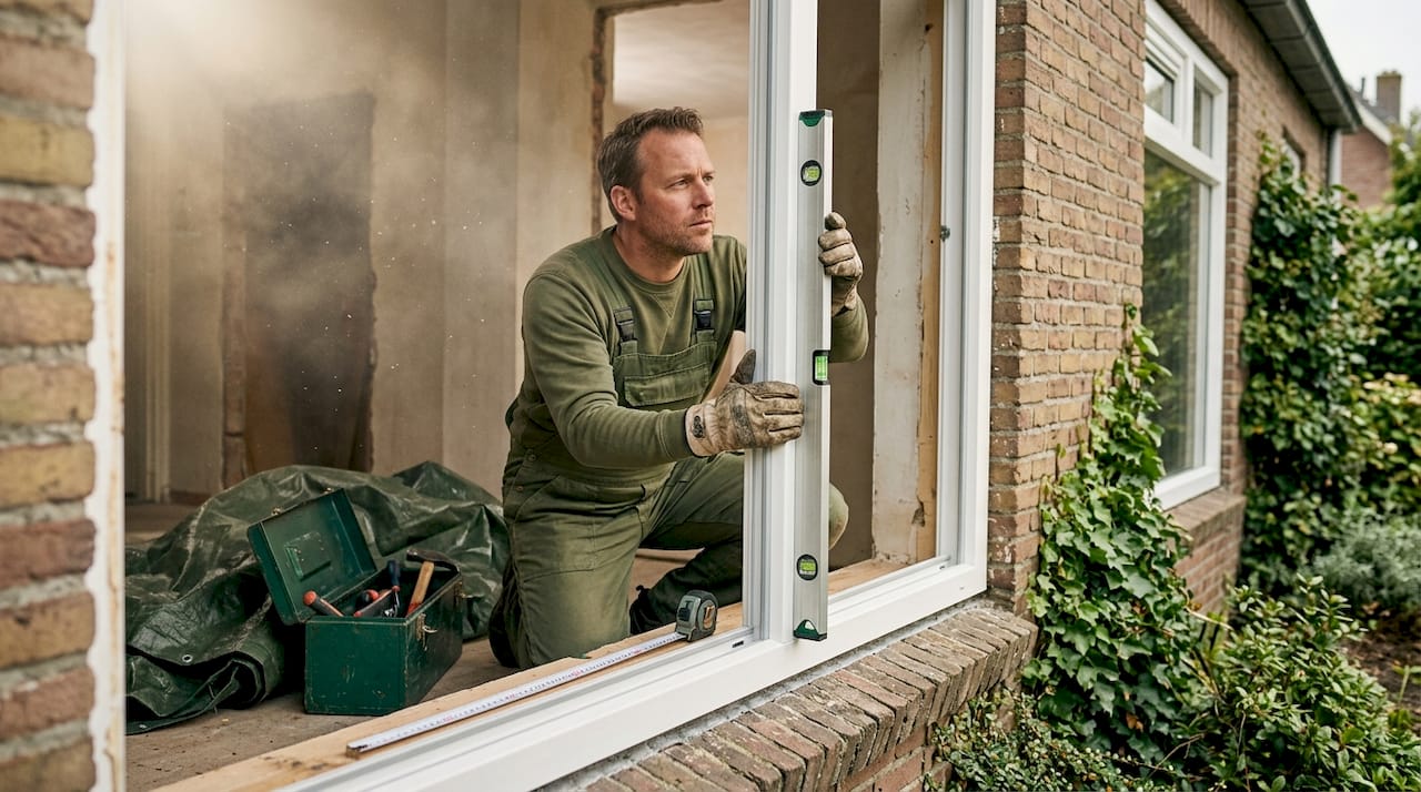 Een vakman plaatst een wit kunststof kozijn.