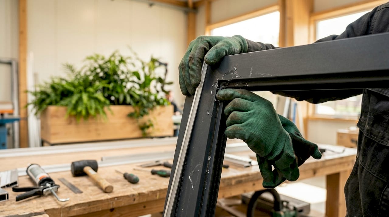 Een vakman plaatst een aluminium glaslat op het kozijn.