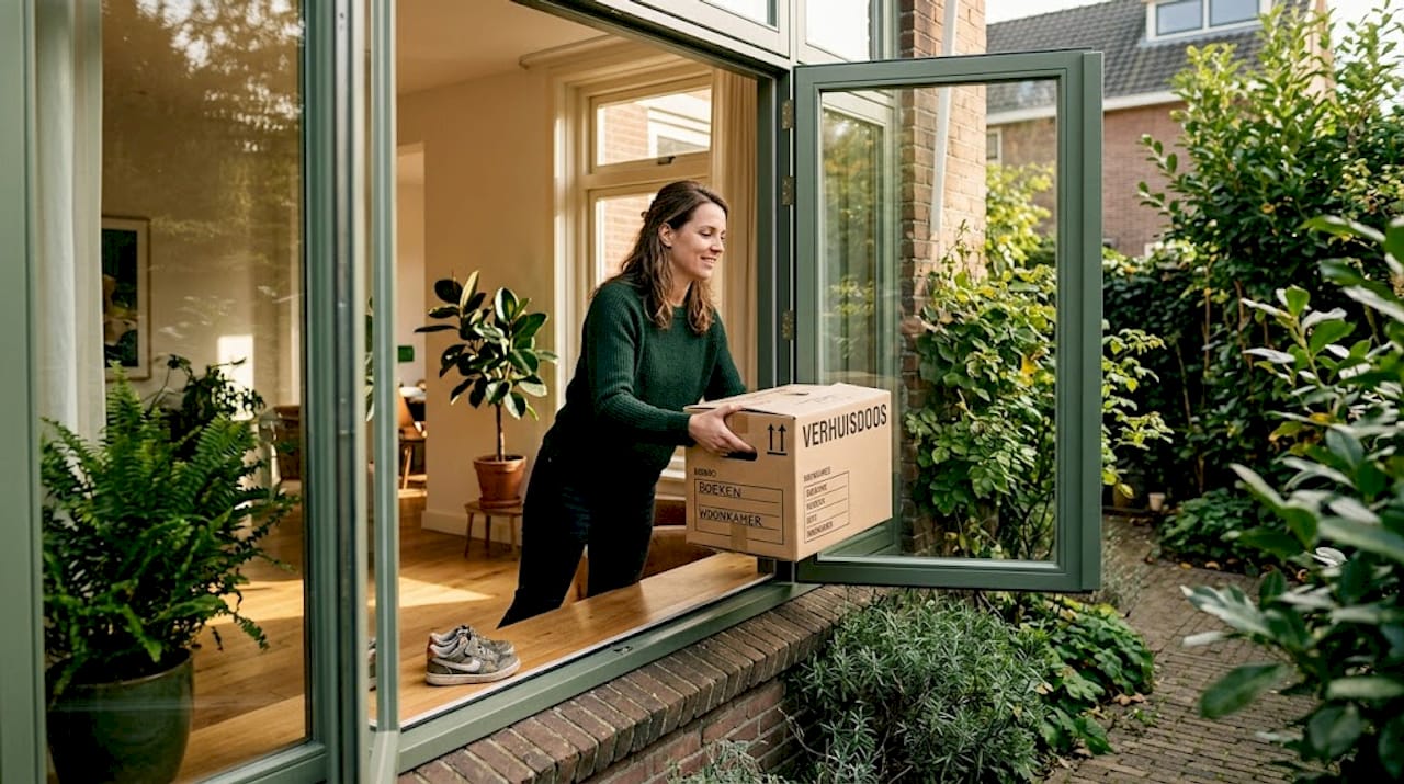 De doos kan eenvoudig naar binnen via het volledig geopende stolpraam.