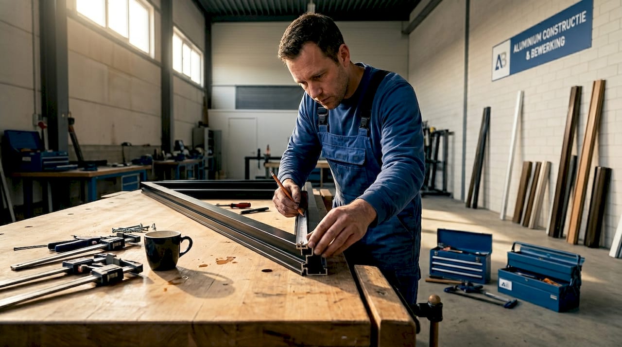 In de werkplaats plaatst de monteur een aluminium kozijn met steellook.