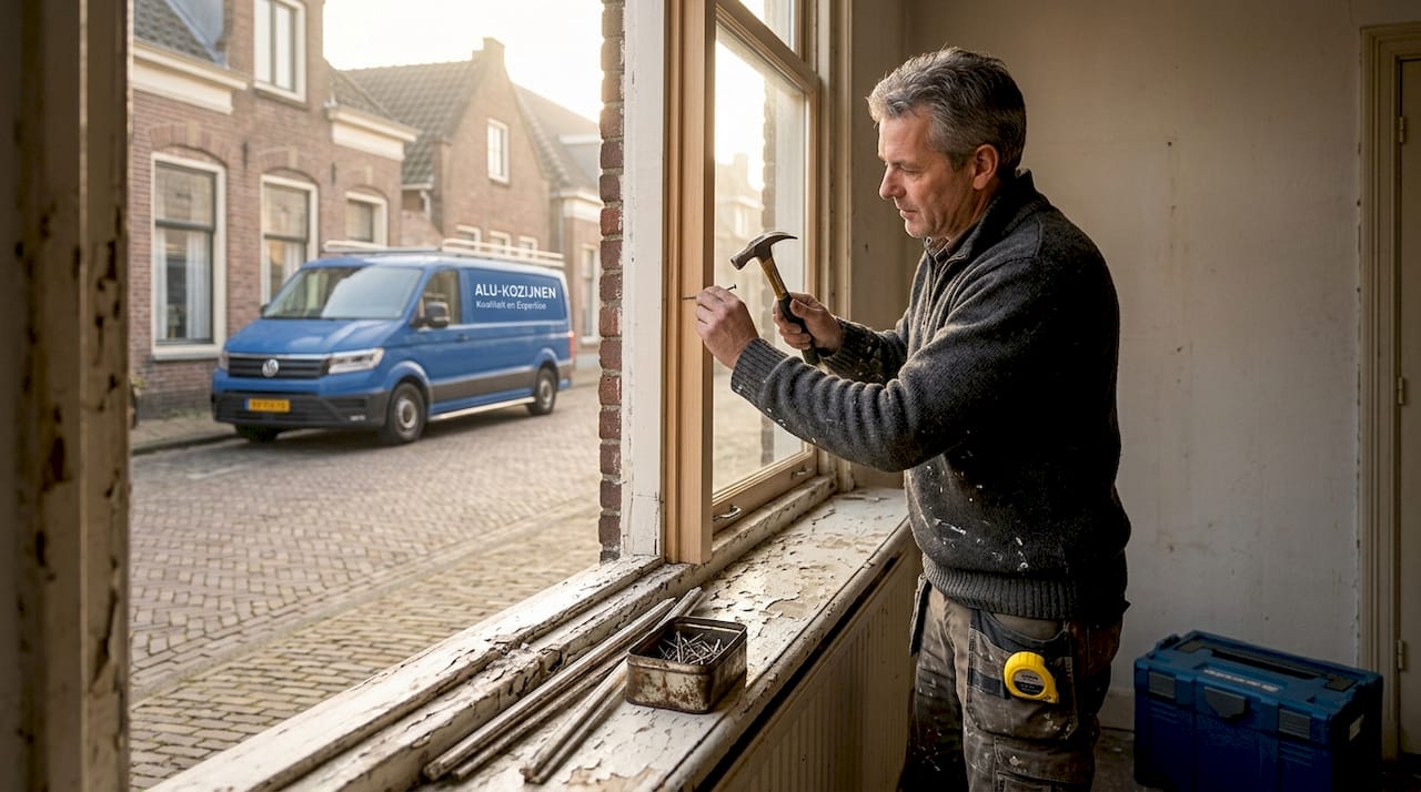 Een vakman zet een nieuw houten kozijn in een monumentaal pand.