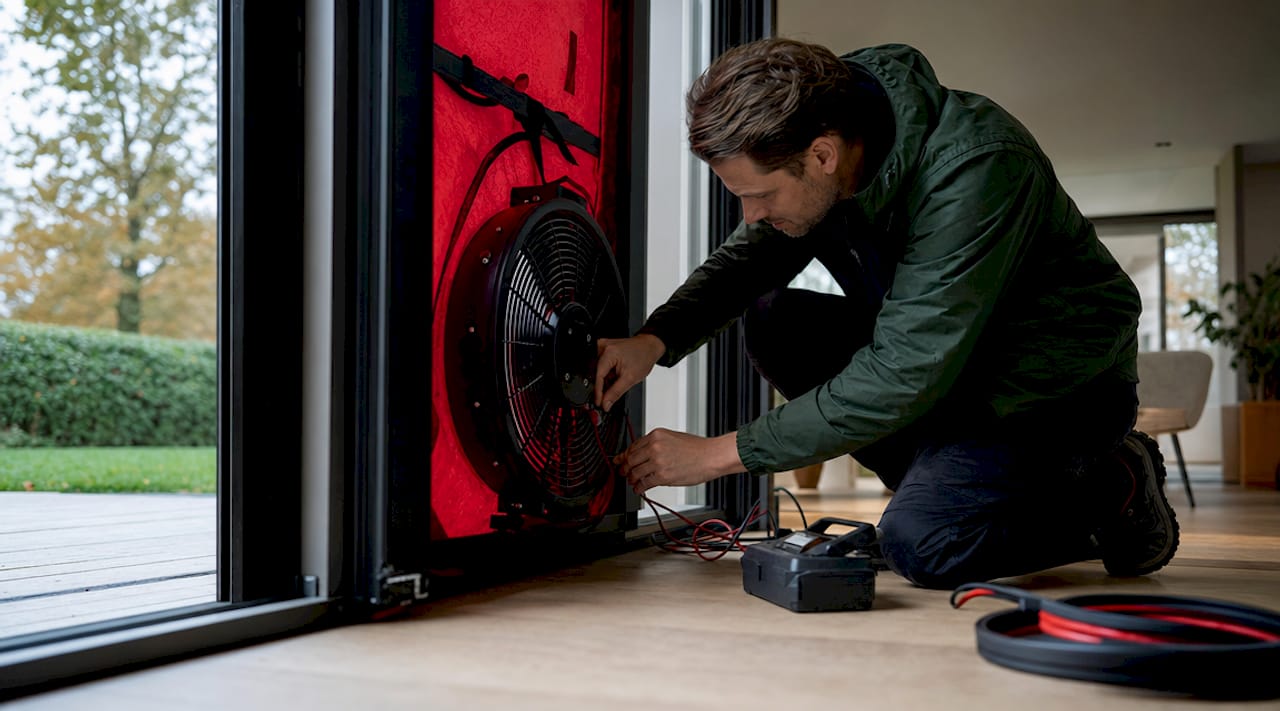 Een inspecteur komt langs om een blowerdoortest in de woning uit te voeren.