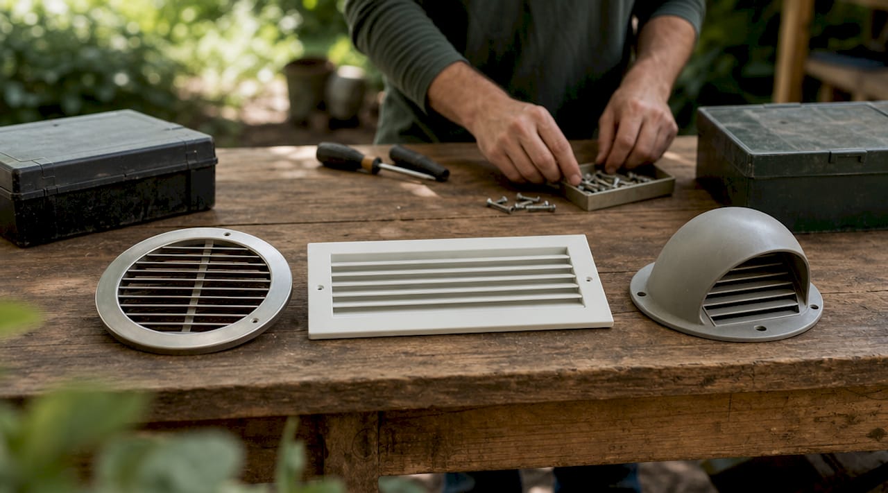 Op de werkbank ligt een gevarieerde selectie ventilatieroosters uitgestald.