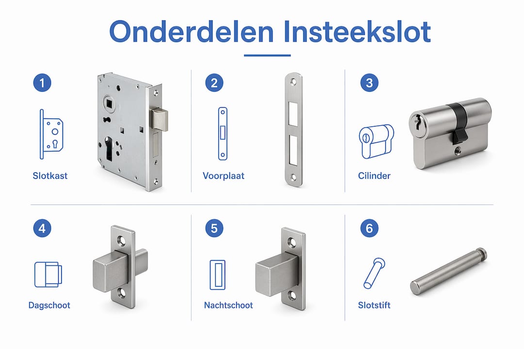 Overzichtelijke infographic met de verschillende onderdelen van een insteekslot in beeld gebracht.
