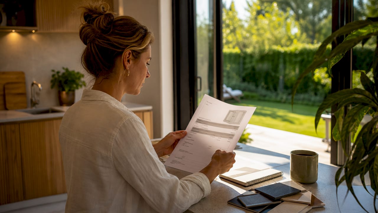Vrouw neemt offerte voor isolatieglas grondig door