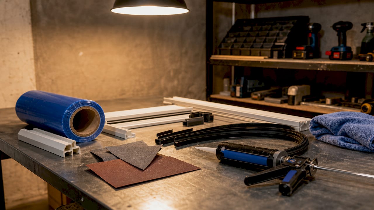 Benodigdheden voor het renoveren van kunststof kozijnen op de werkbank