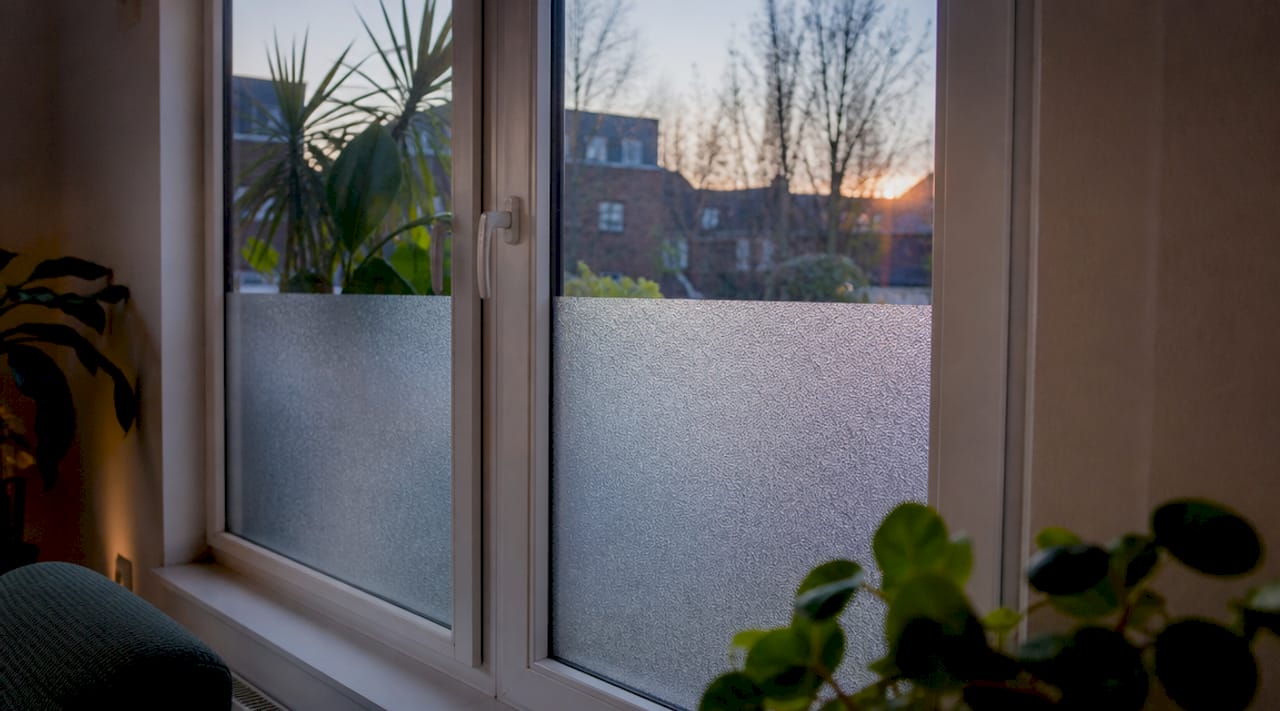 Voorbeeld van een raam met matglas aan de onderkant voor extra privacy.