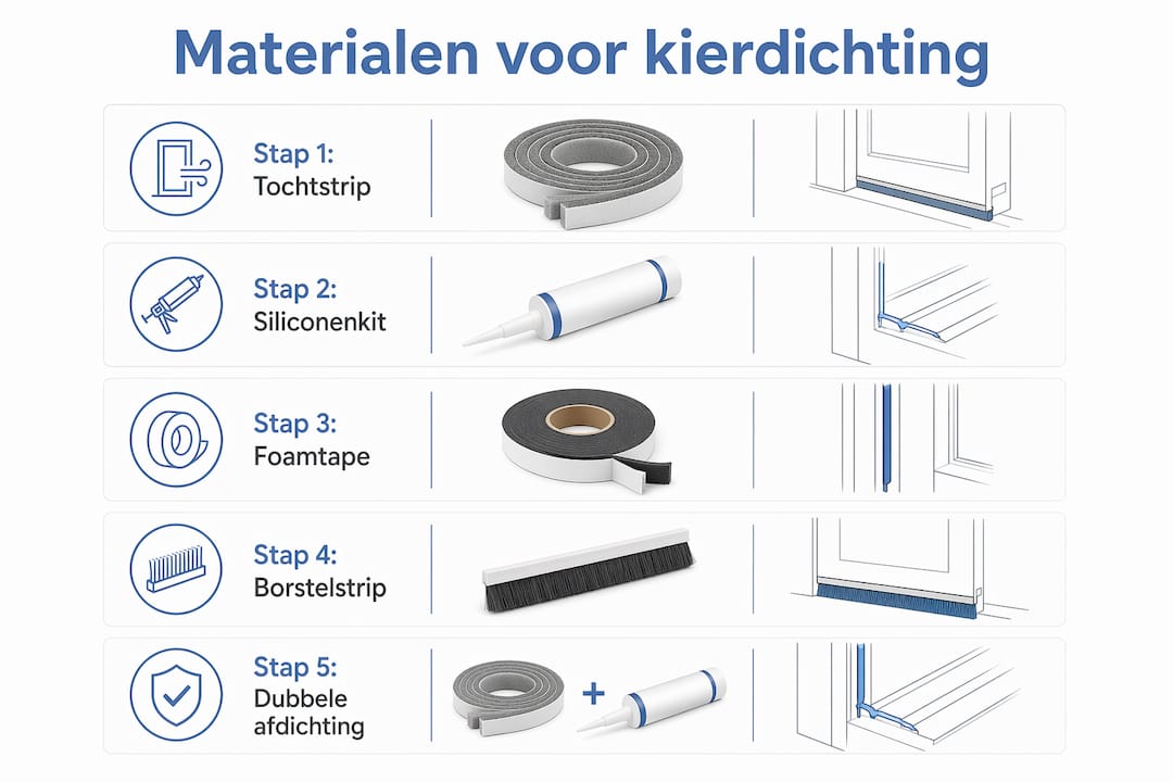 Infographic met een overzicht van materialen voor het afdichten van kozijnen