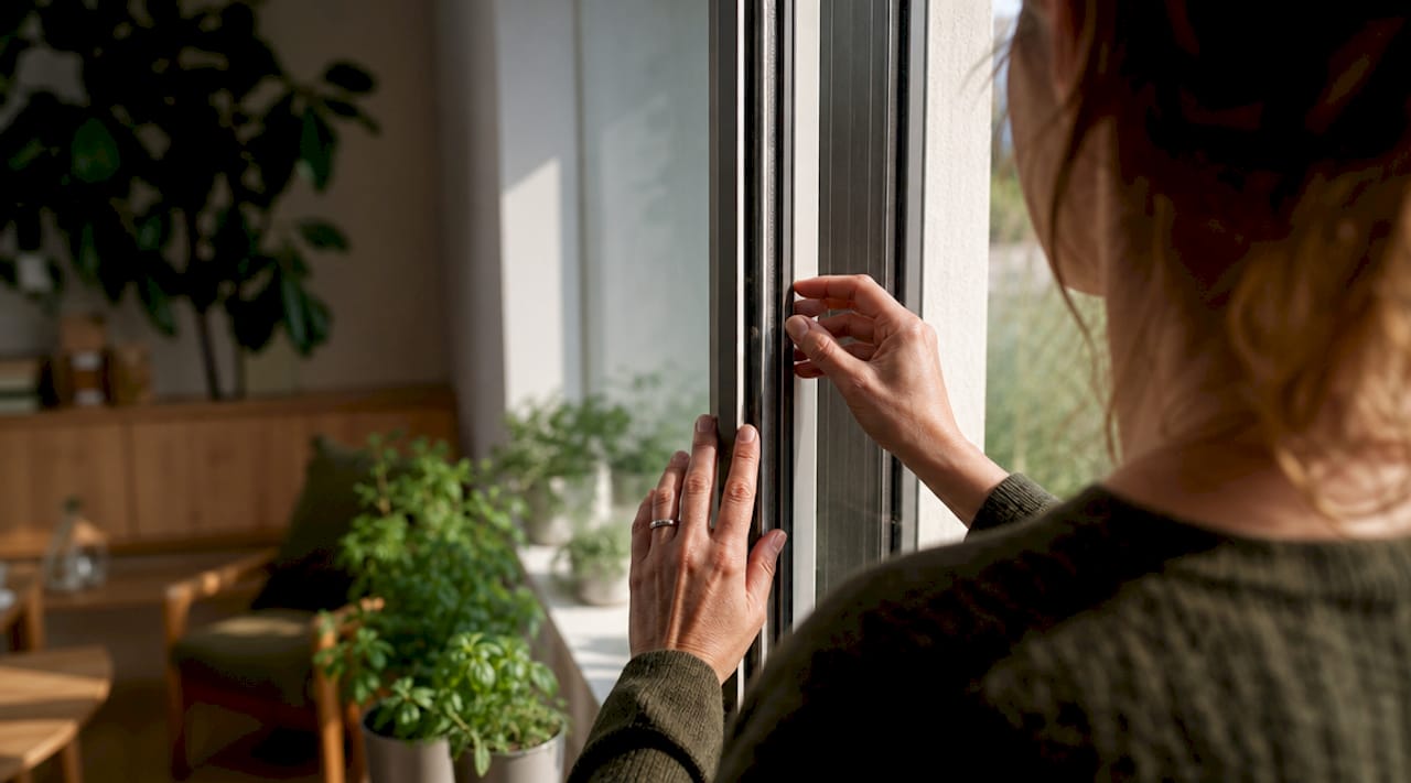 Een vrouw bekijkt aandachtig het veiligheidsraam in haar keuken.